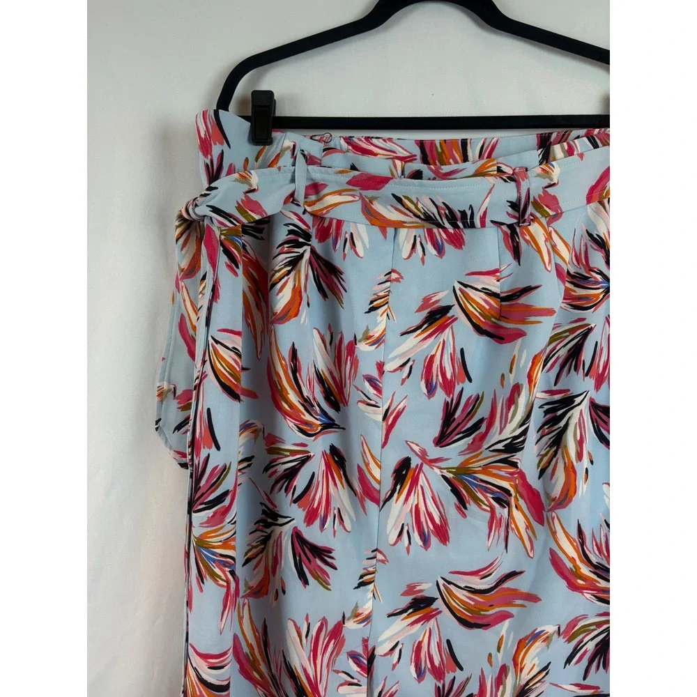 Floral Print Pencil Skirt Light Blue Pink High Waist Tie Belt Mid-Length Size 22